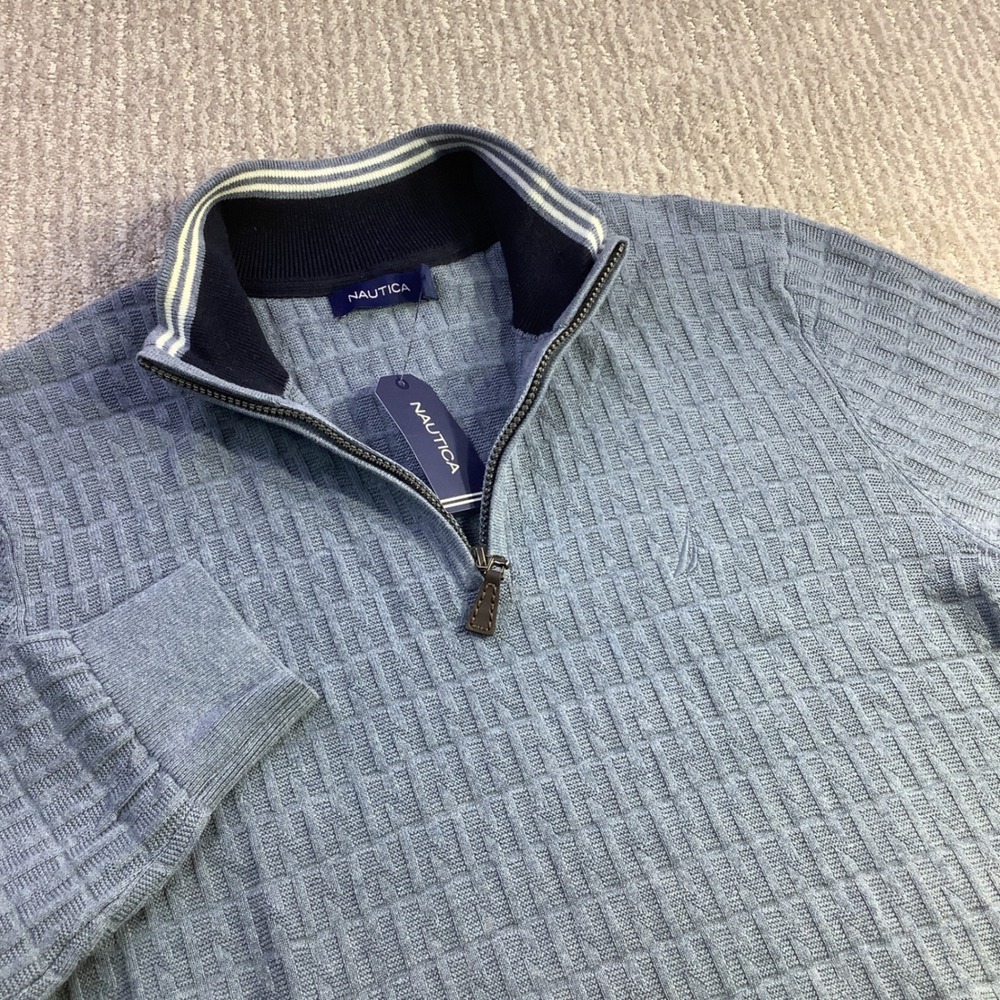 Nautica Mens‎ Light Blue Textured Knit 1/4 Zip Cotton Sweater Size Large NWT